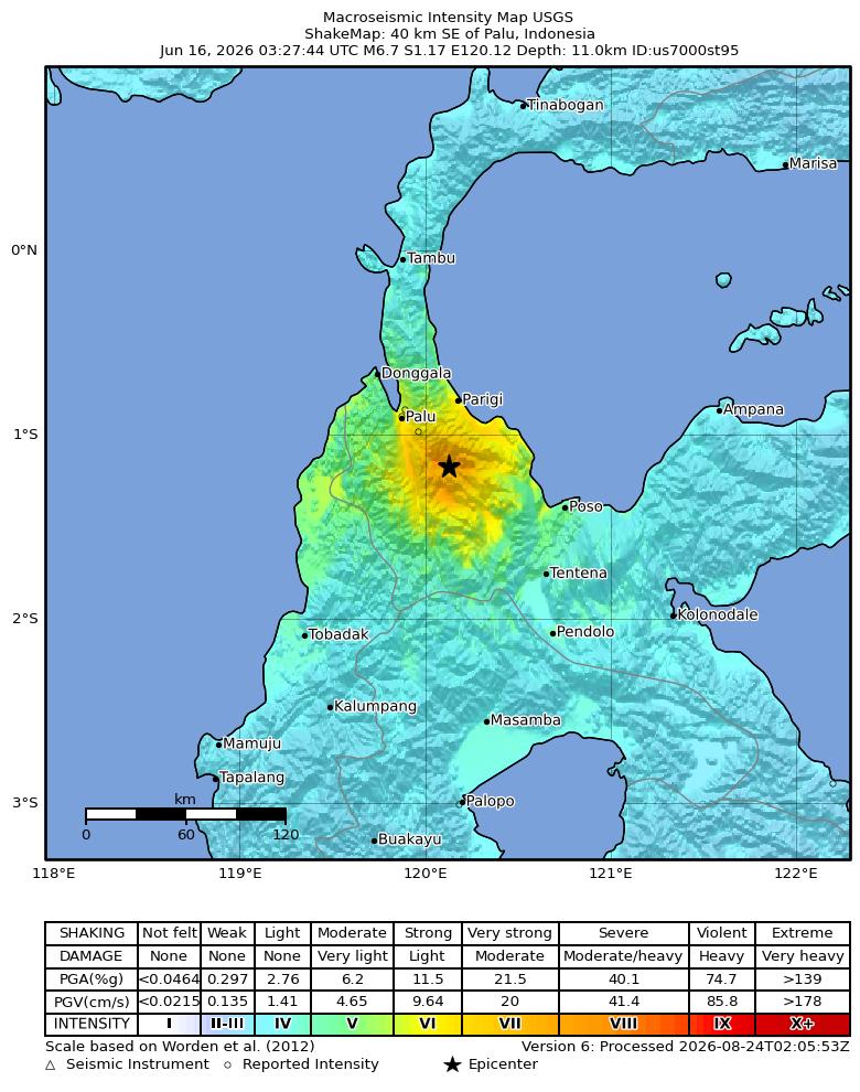 USGS ShakeMap intensity contours for the M6.7 earthquake near 40 km SE of Palu, Indonesia
