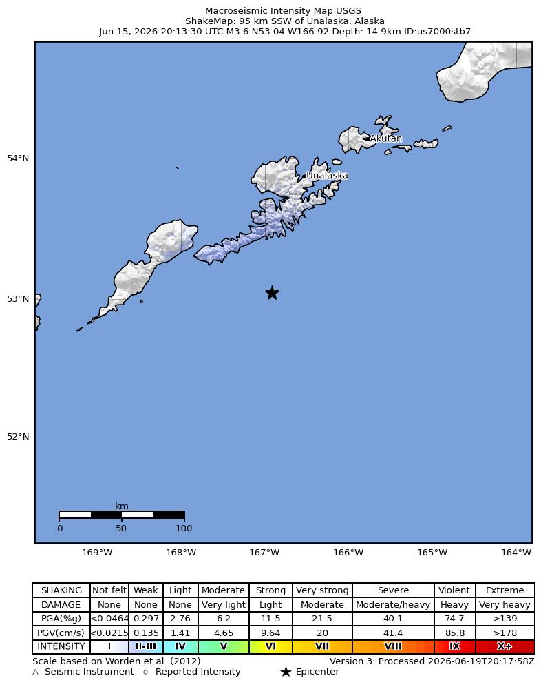 USGS ShakeMap intensity contours for the M3.6 earthquake near 95 km SSW of Unalaska, Alaska