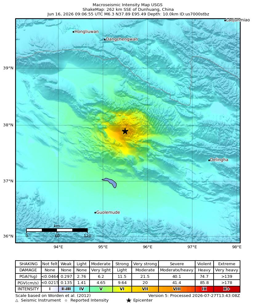 USGS ShakeMap intensity contours for the M6.3 earthquake near 262 km SSE of Dunhuang, China