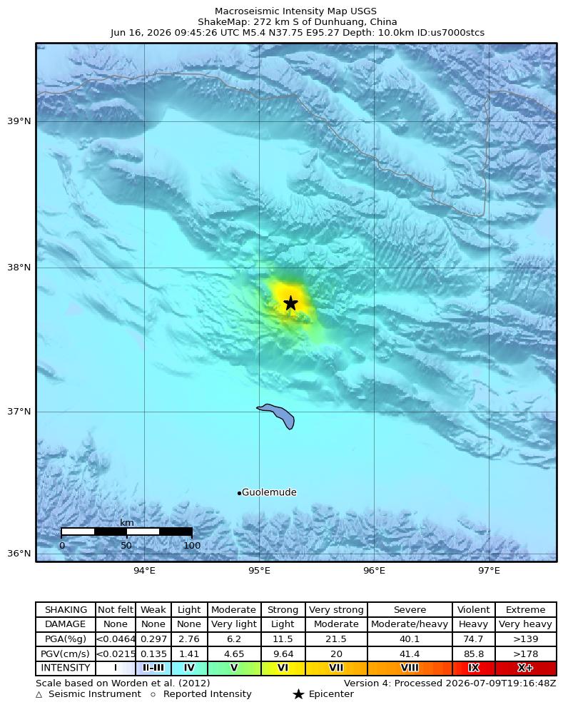 USGS ShakeMap intensity contours for the M5.4 earthquake near 272 km S of Dunhuang, China