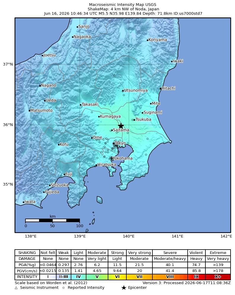 USGS ShakeMap intensity contours for the M5.3 earthquake near 2 km SW of Koga, Japan