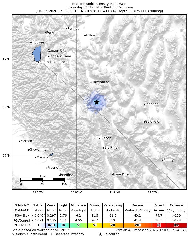 USGS ShakeMap intensity contours for the M3.0 earthquake near 33 km N of Benton, California