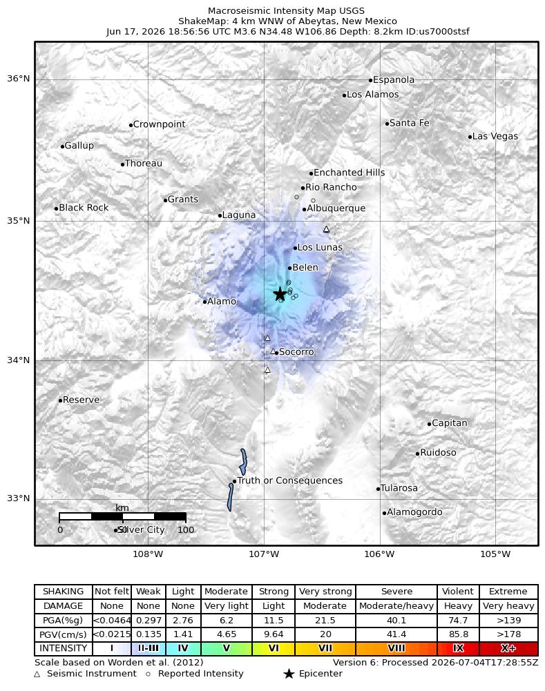 USGS ShakeMap intensity contours for the M3.6 earthquake near 4 km WNW of Abeytas, New Mexico
