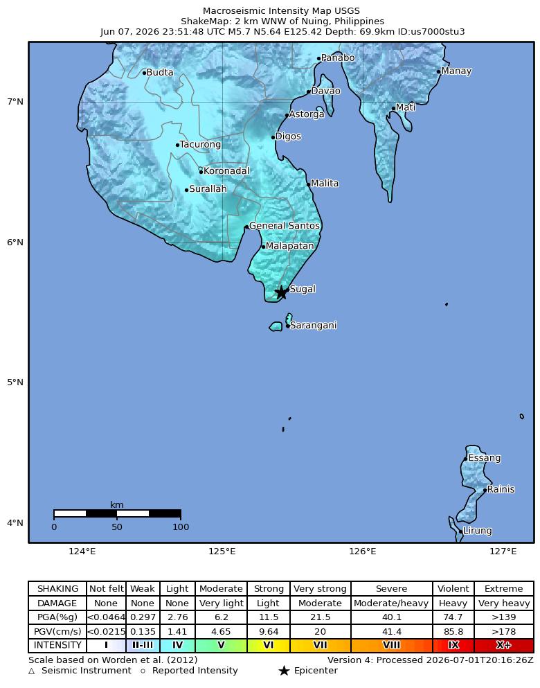 USGS ShakeMap intensity contours for the M5.7 earthquake near 2 km WNW of Nuing, Philippines