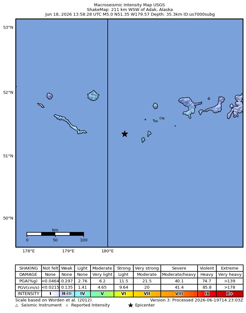 USGS ShakeMap intensity contours for the M5.0 earthquake near 212 km WSW of Adak, Alaska