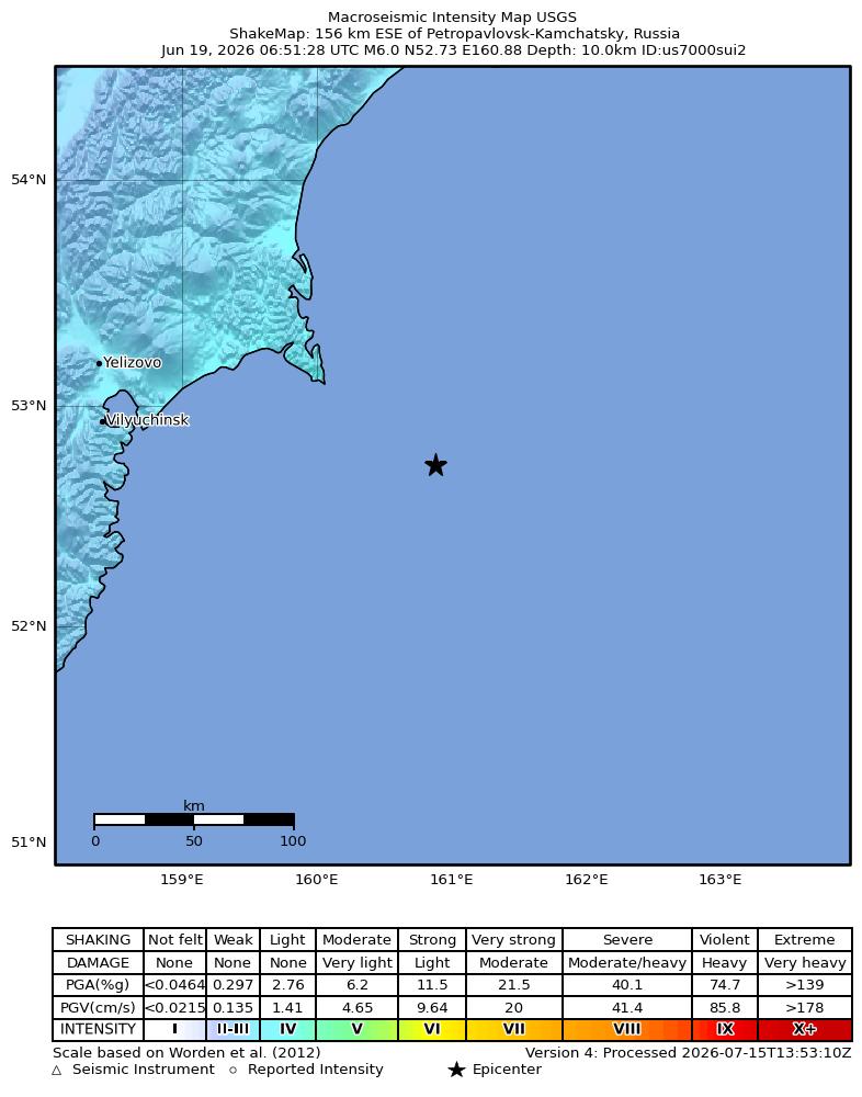 USGS ShakeMap intensity contours for the M5.3 earthquake near 155 km ESE of Petropavlovsk-Kamchatsky, Russia