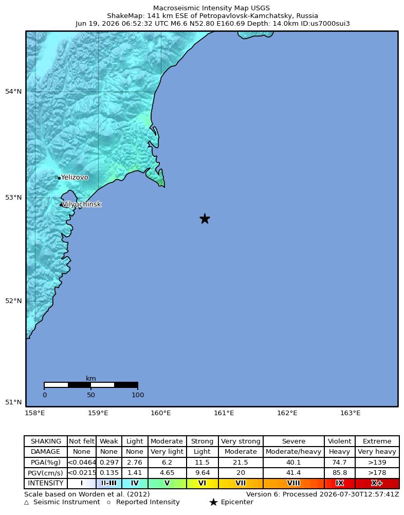 USGS ShakeMap intensity contours for the M6.6 earthquake near 141 km ESE of Petropavlovsk-Kamchatsky, Russia