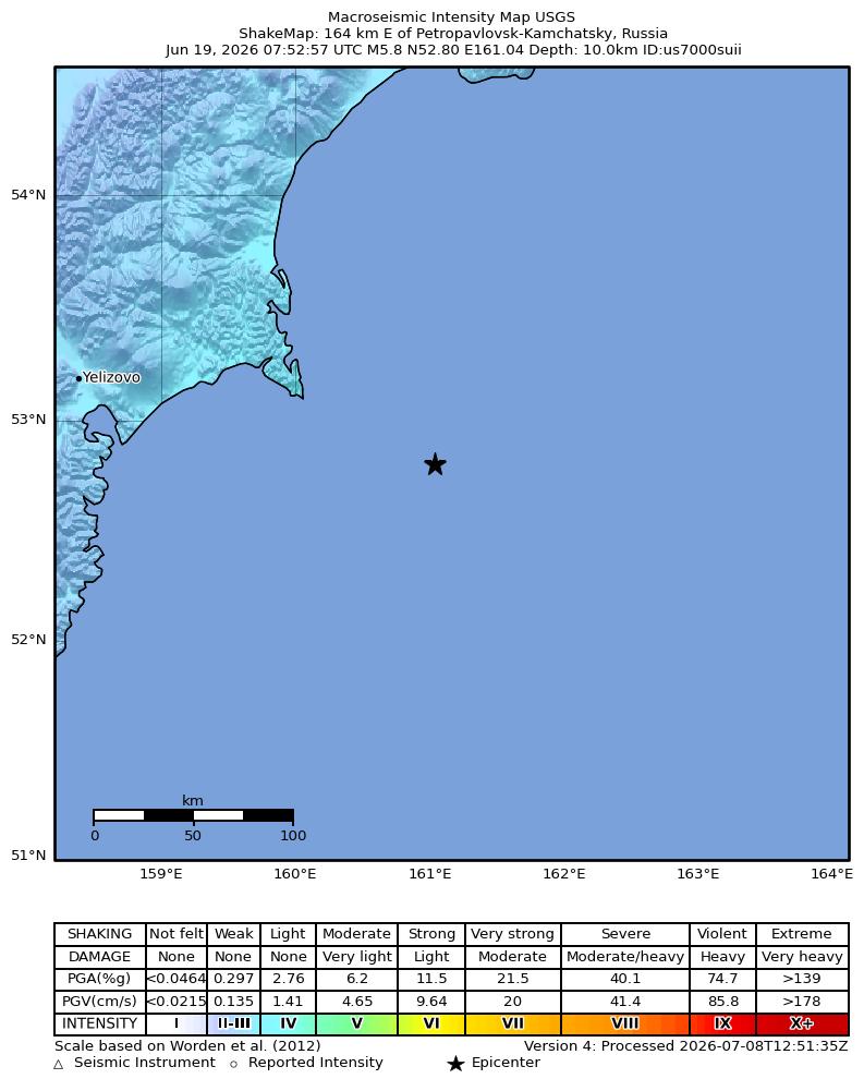 USGS ShakeMap intensity contours for the M5.8 earthquake near 164 km E of Petropavlovsk-Kamchatsky, Russia