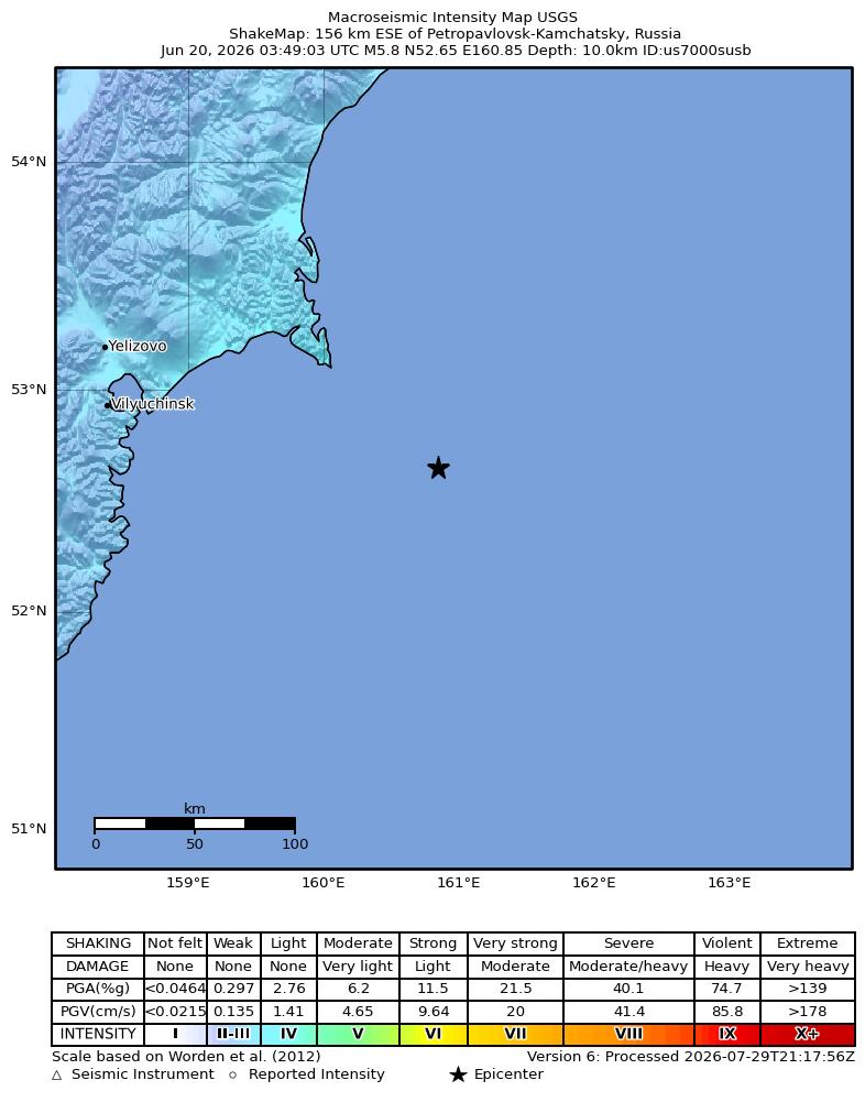 USGS ShakeMap intensity contours for the M5.8 earthquake near 156 km ESE of Petropavlovsk-Kamchatsky, Russia