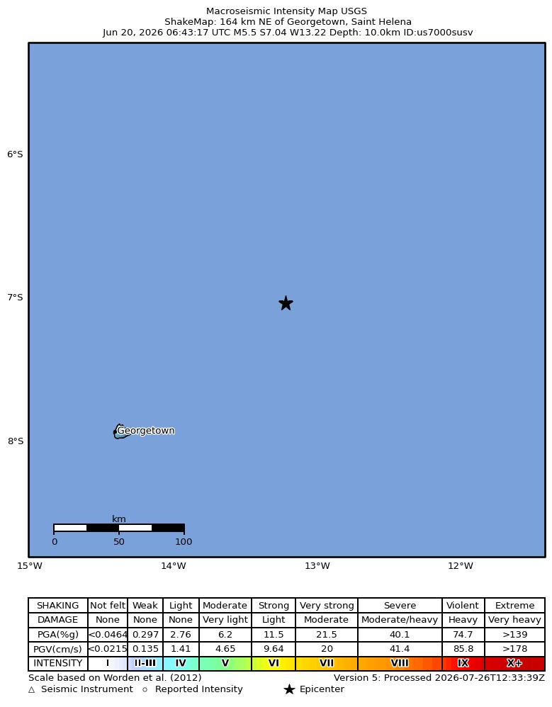 USGS ShakeMap intensity contours for the M5.5 earthquake near 164 km NE of Georgetown, Saint Helena