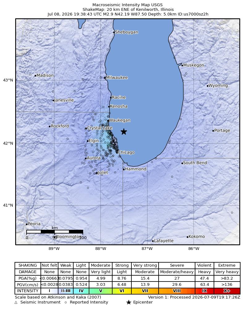 USGS ShakeMap intensity contours for the M2.9 earthquake near 21 km ENE of Kenilworth, Illinois