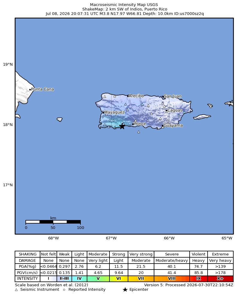 USGS ShakeMap intensity contours for the M3.9 earthquake near 2 km SW of Indios, Puerto Rico