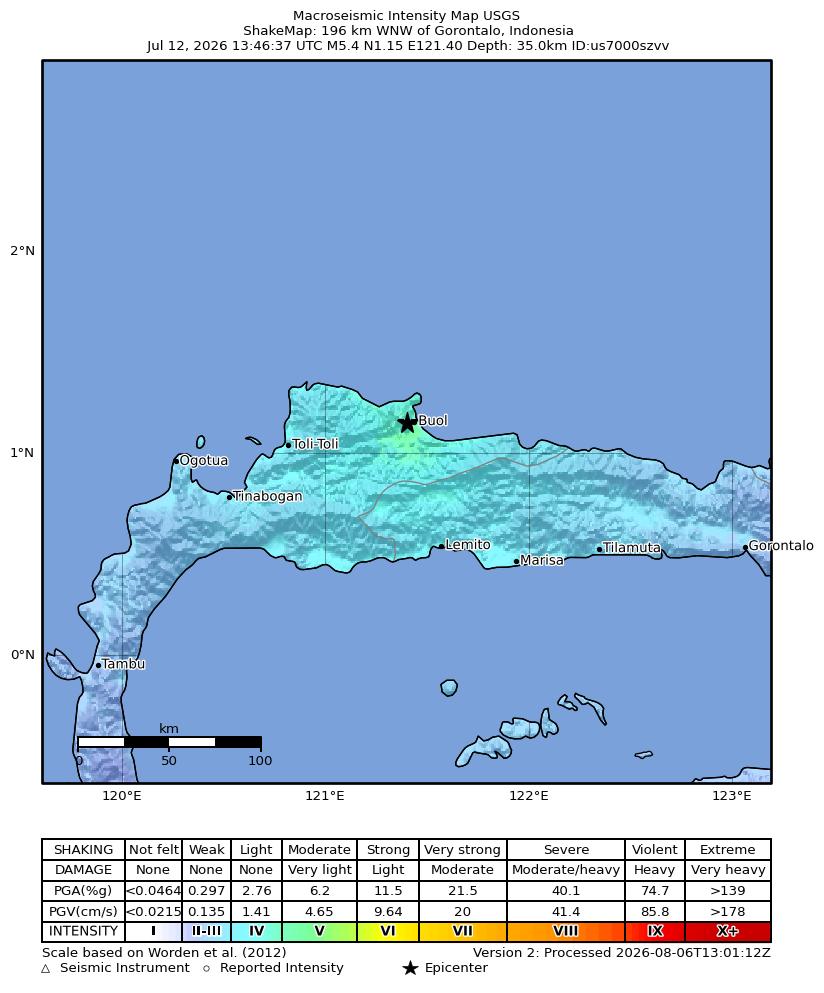 USGS ShakeMap intensity contours for the M5.4 earthquake near 196 km WNW of Gorontalo, Indonesia