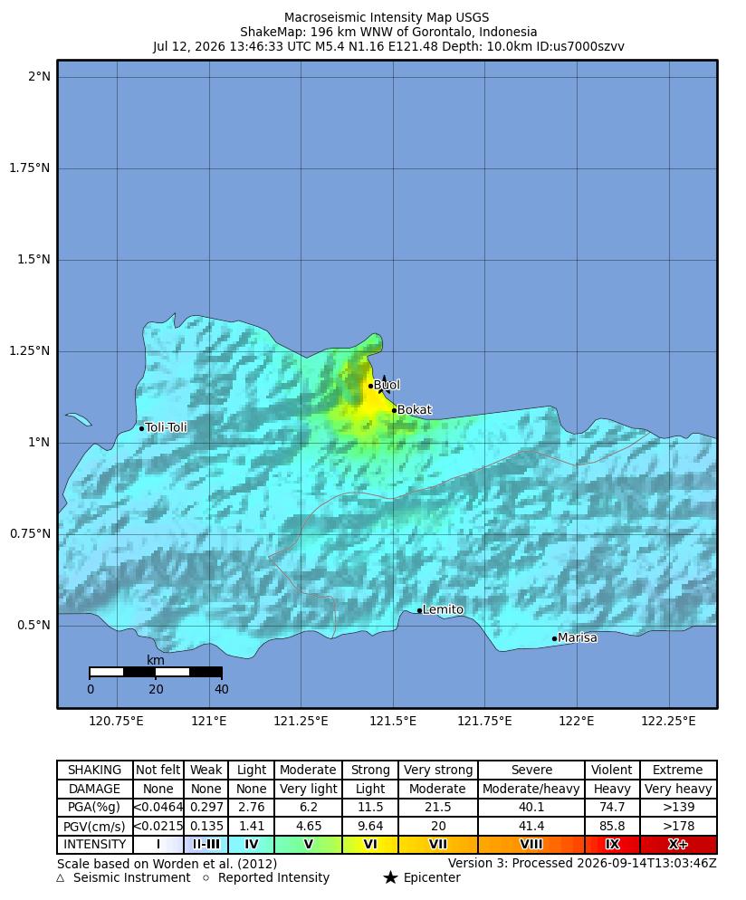 USGS ShakeMap intensity contours for the M5.4 earthquake near 189 km WNW of Gorontalo, Indonesia
