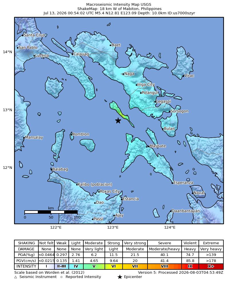 USGS ShakeMap intensity contours for the M5.4 earthquake near 18 km W of Mabiton, Philippines