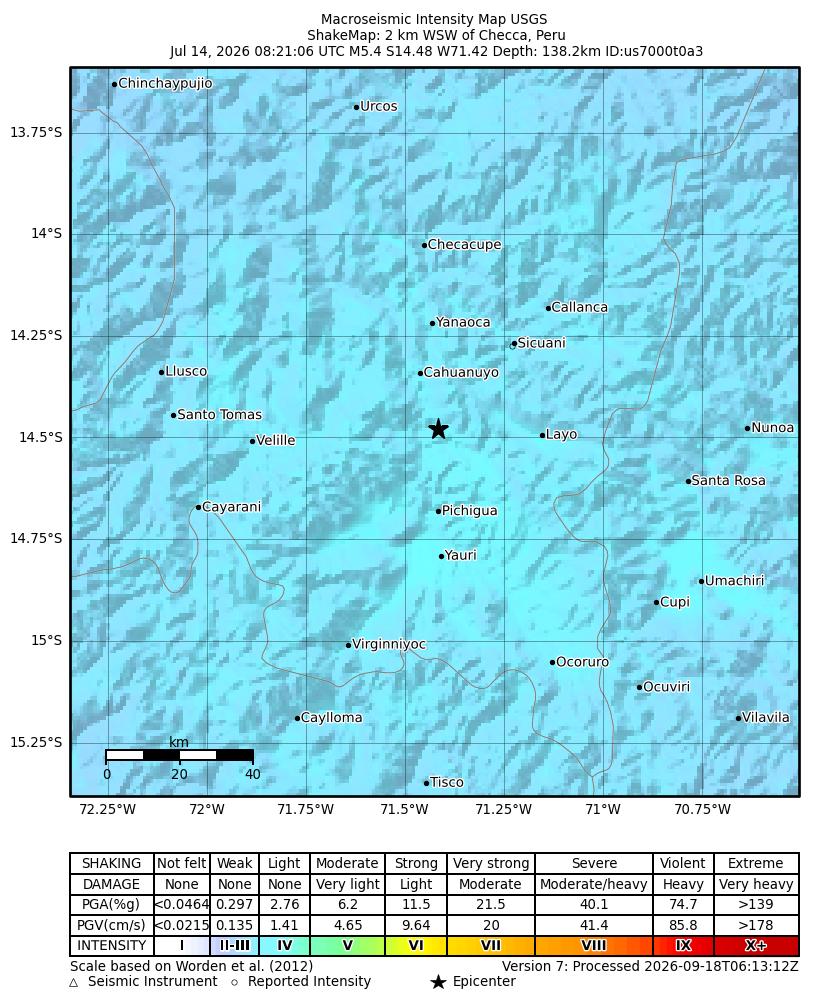 USGS ShakeMap intensity contours for the M5.4 earthquake near 2 km WSW of Checca, Peru