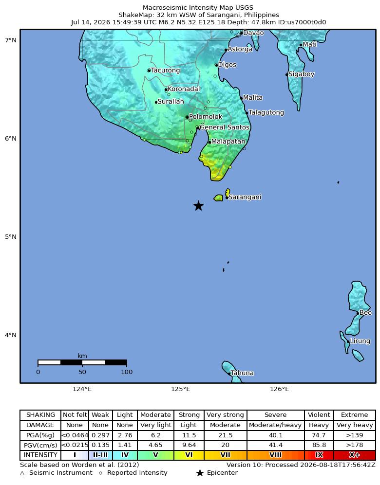 USGS ShakeMap intensity contours for the M6.2 earthquake near 33 km WSW of Sarangani, Philippines
