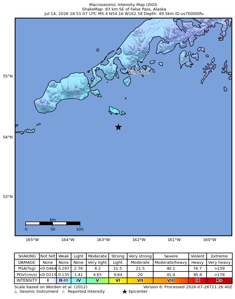 USGS ShakeMap intensity contours for the M5.4 earthquake near 93 km SE of False Pass, Alaska