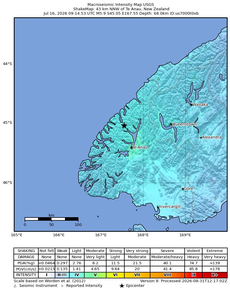 USGS ShakeMap intensity contours for the M5.9 earthquake near 43 km NNW of Te Anau, New Zealand