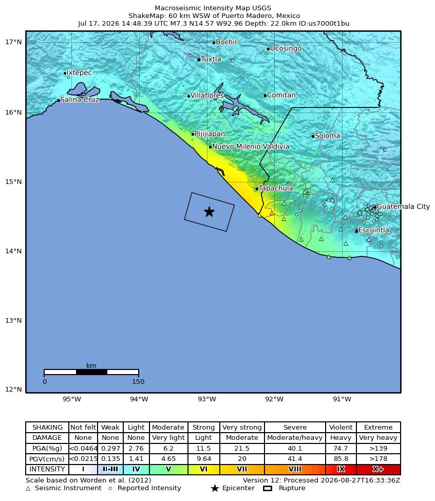 USGS ShakeMap intensity contours for the M7.3 earthquake near 60 km WSW of Puerto Madero, Mexico