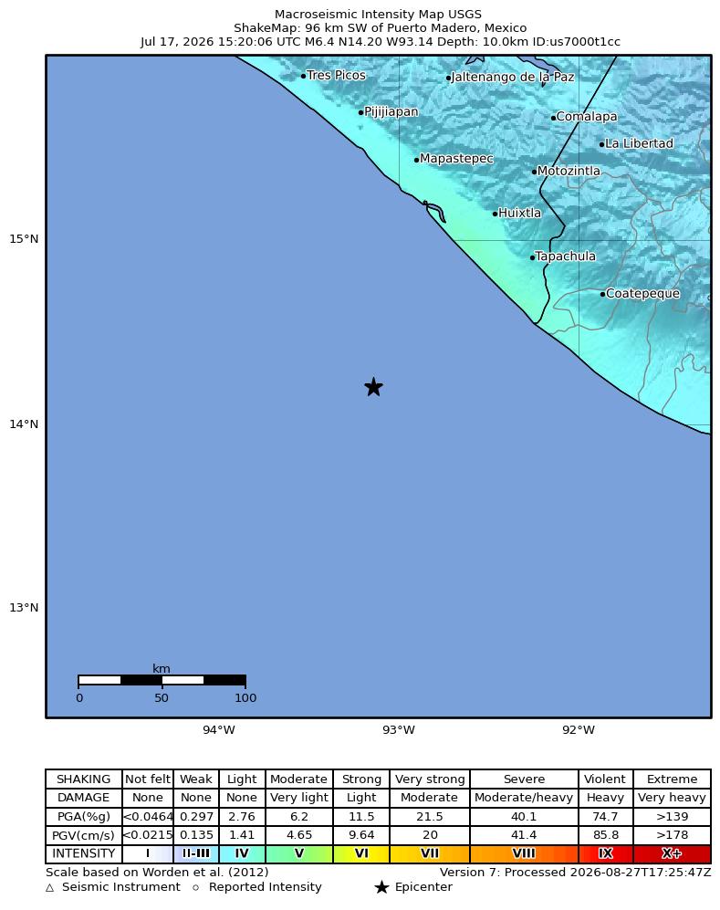 USGS ShakeMap intensity contours for the M6.4 earthquake near 96 km SW of Puerto Madero, Mexico