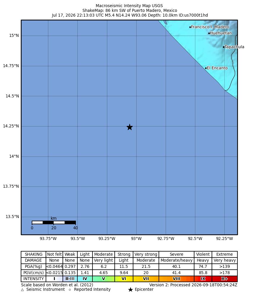 USGS ShakeMap intensity contours for the M5.4 earthquake near 86 km SW of Puerto Madero, Mexico