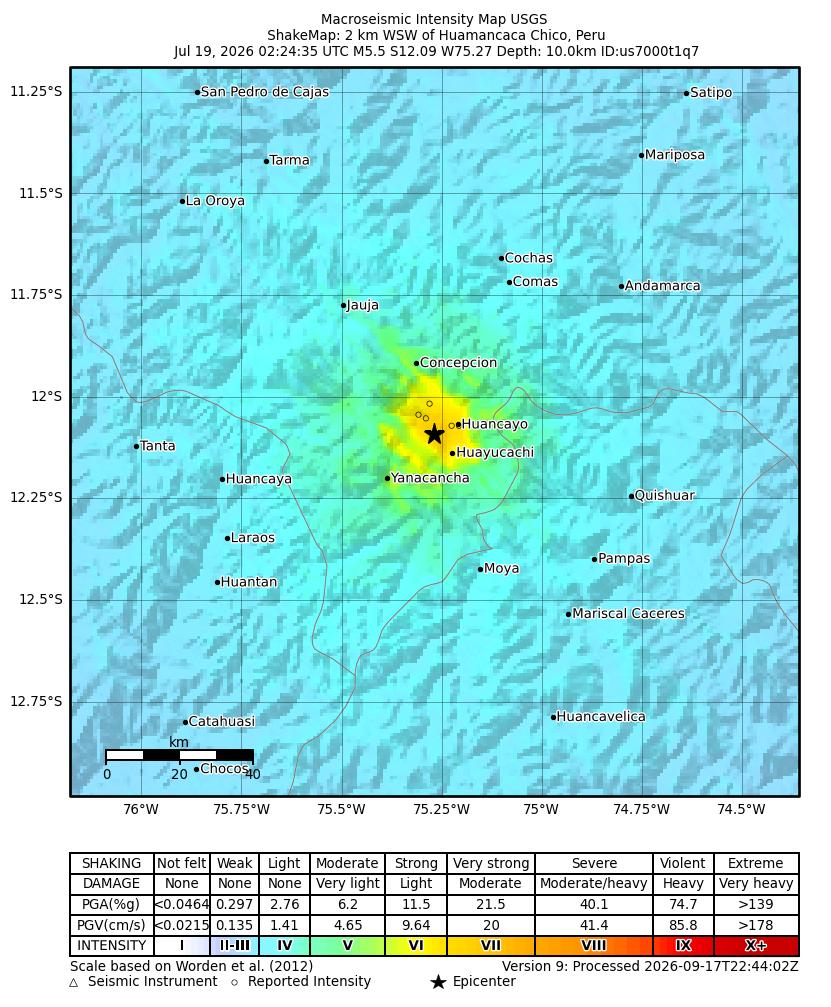 USGS ShakeMap intensity contours for the M5.5 earthquake near 2 km WSW of Huamancaca Chico, Peru