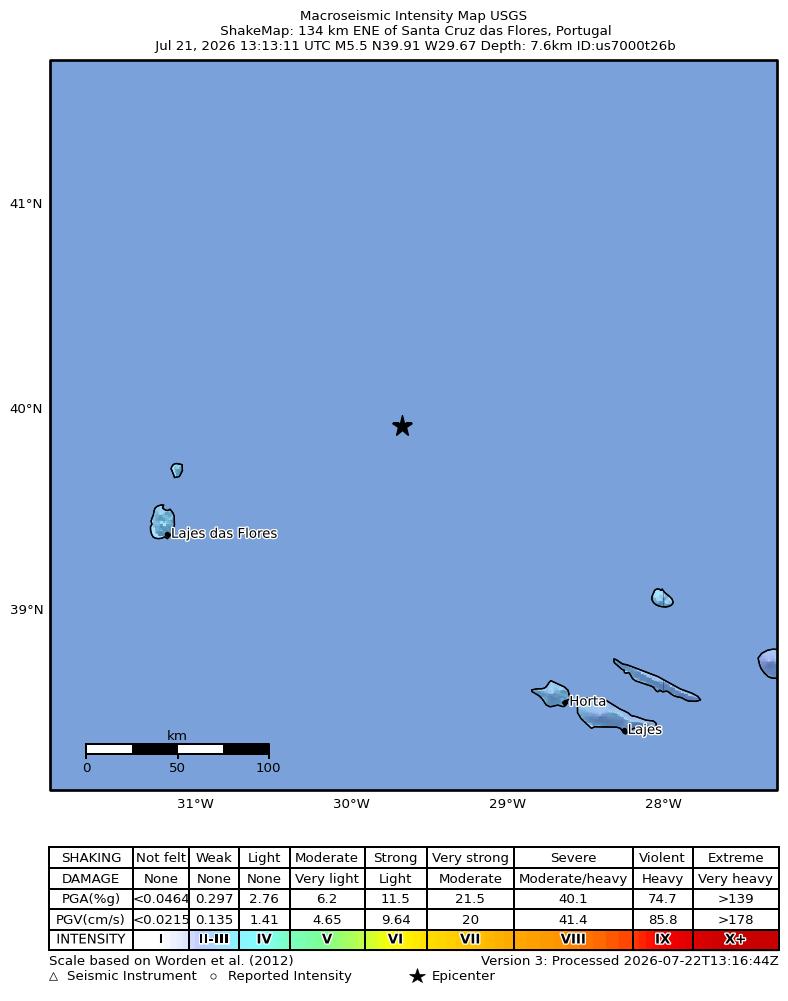 USGS ShakeMap intensity contours for the M5.3 earthquake near 140 km ENE of Santa Cruz das Flores, Portugal