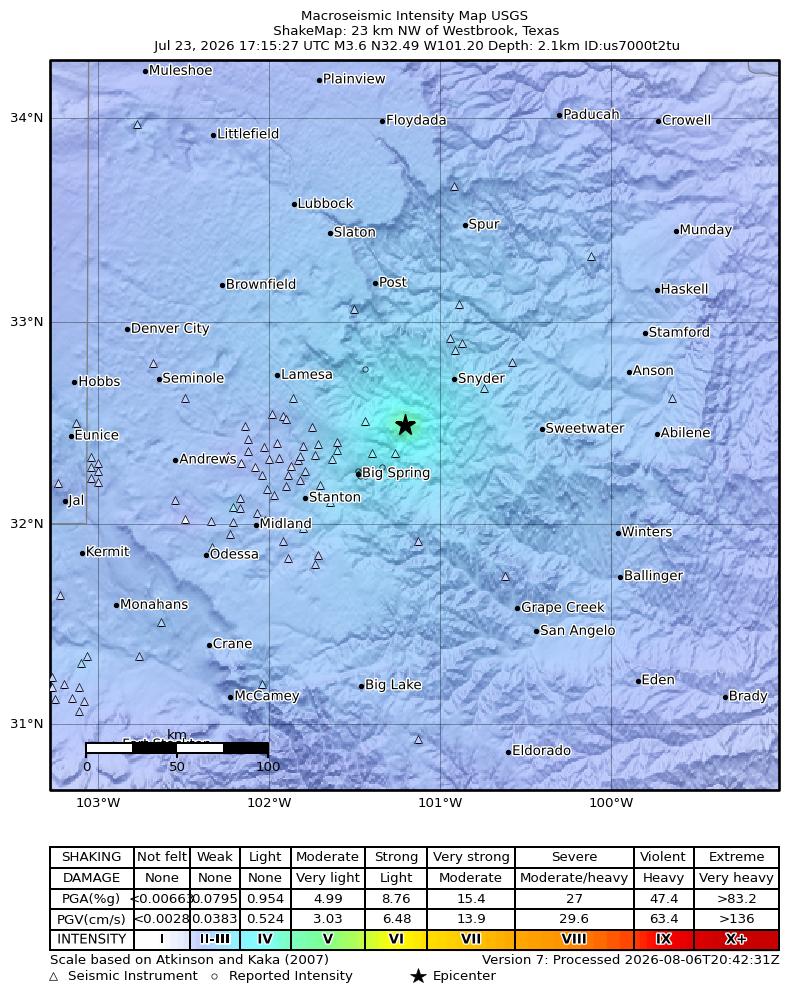 USGS ShakeMap: estimated shaking intensity around the epicenter