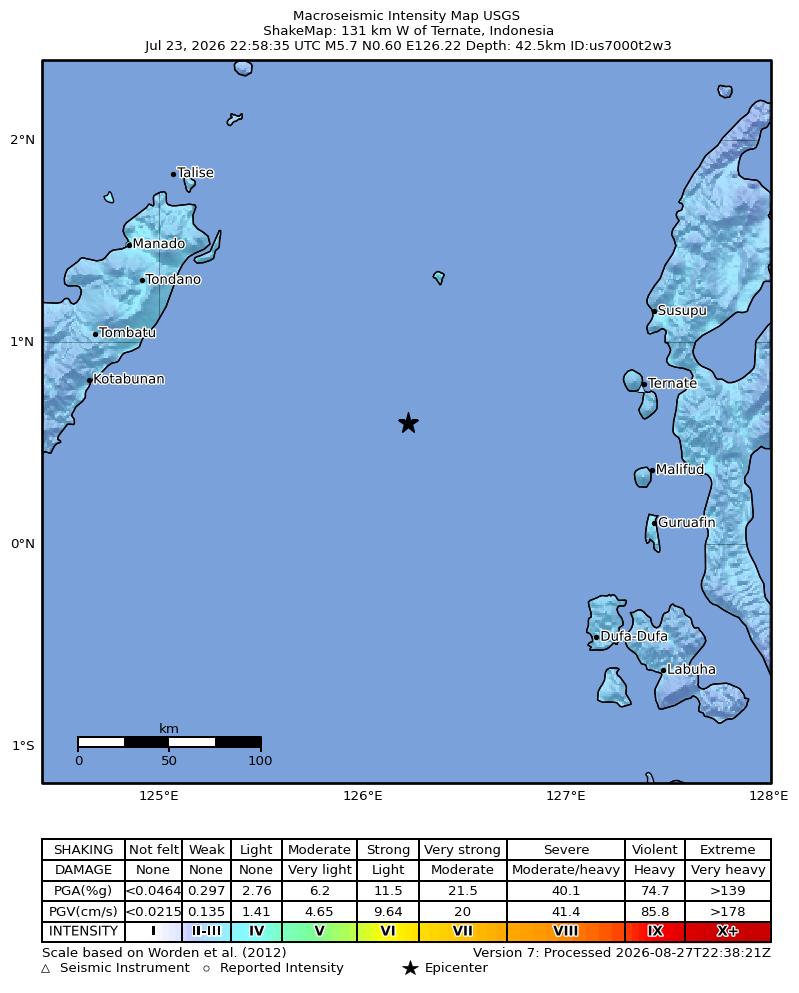 USGS ShakeMap intensity contours for the M5.7 earthquake near 131 km W of Ternate, Indonesia