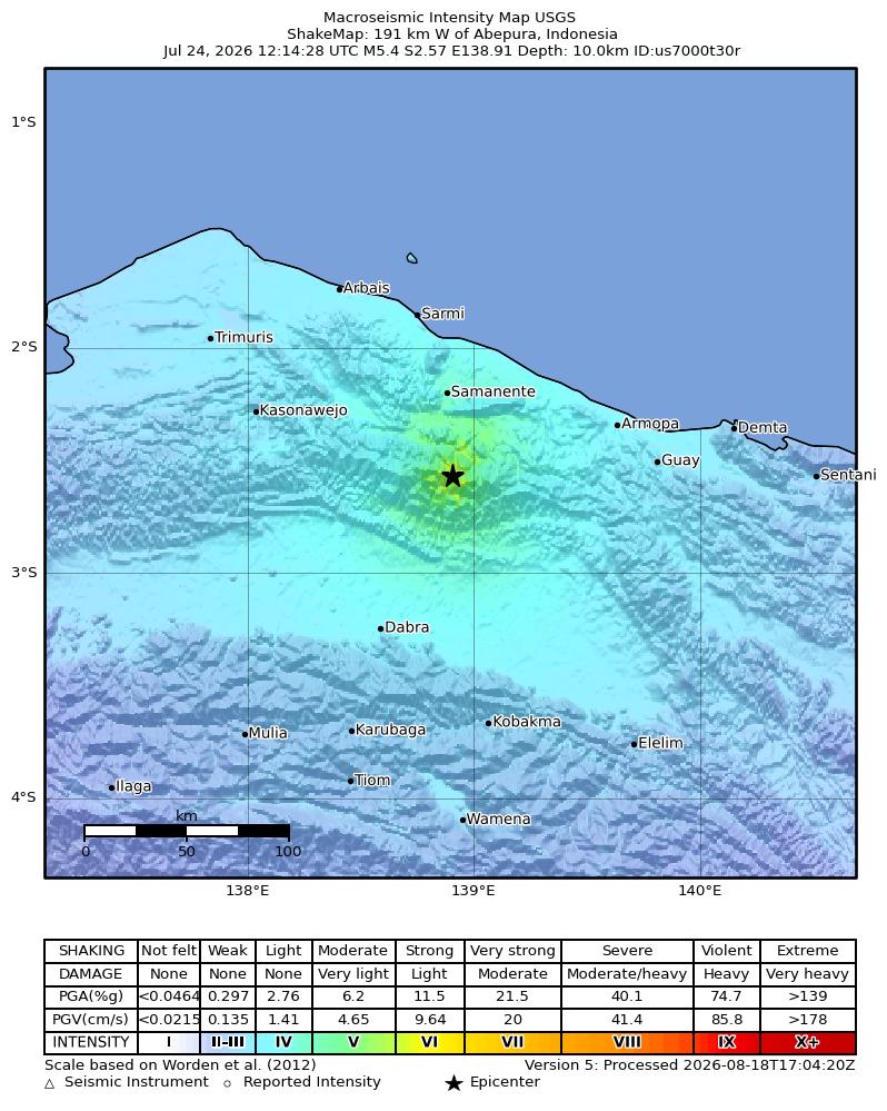 USGS ShakeMap intensity contours for the M5.4 earthquake near 191 km W of Abepura, Indonesia