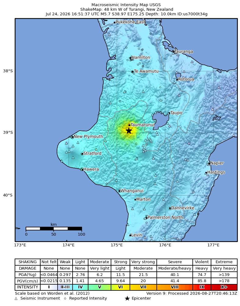 USGS ShakeMap intensity contours for the M5.7 earthquake near 48 km W of Turangi, New Zealand