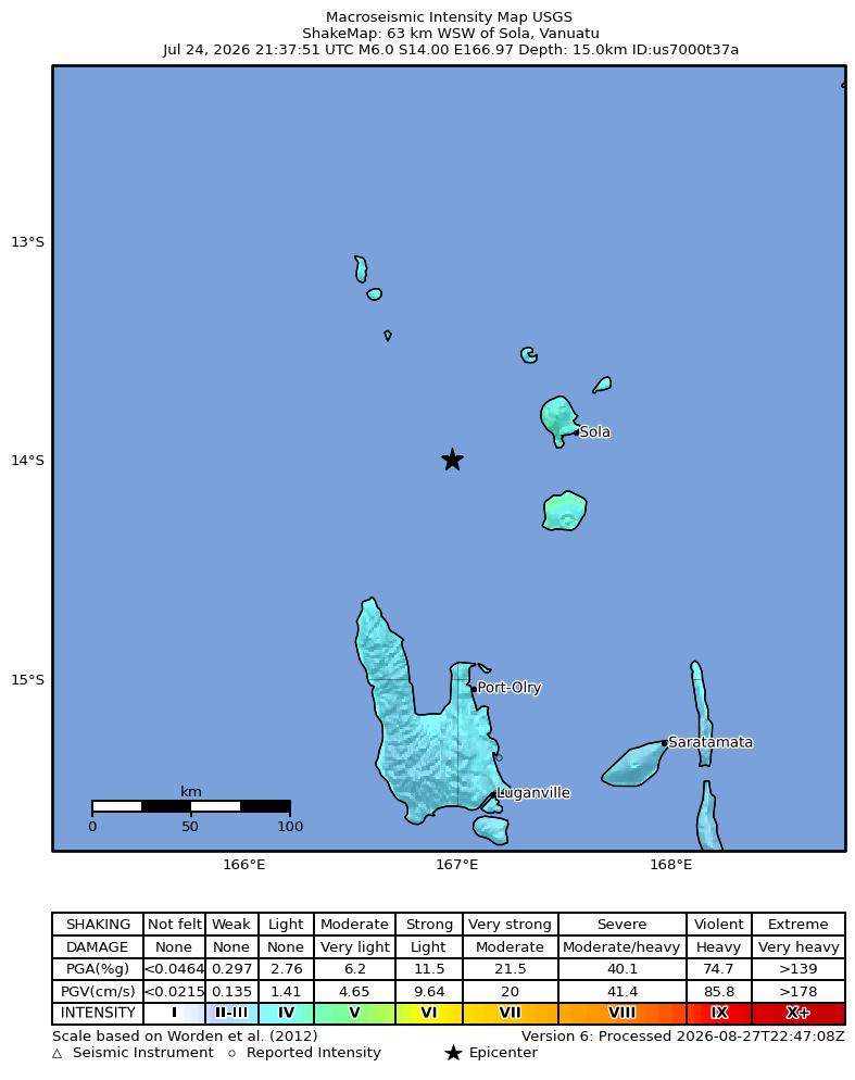 USGS ShakeMap intensity contours for the M6.0 earthquake near 63 km WSW of Sola, Vanuatu