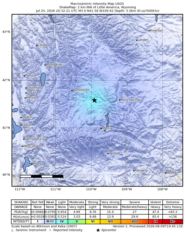 USGS ShakeMap intensity contours for the M3.3 earthquake near 2 km NW of Little America, Wyoming