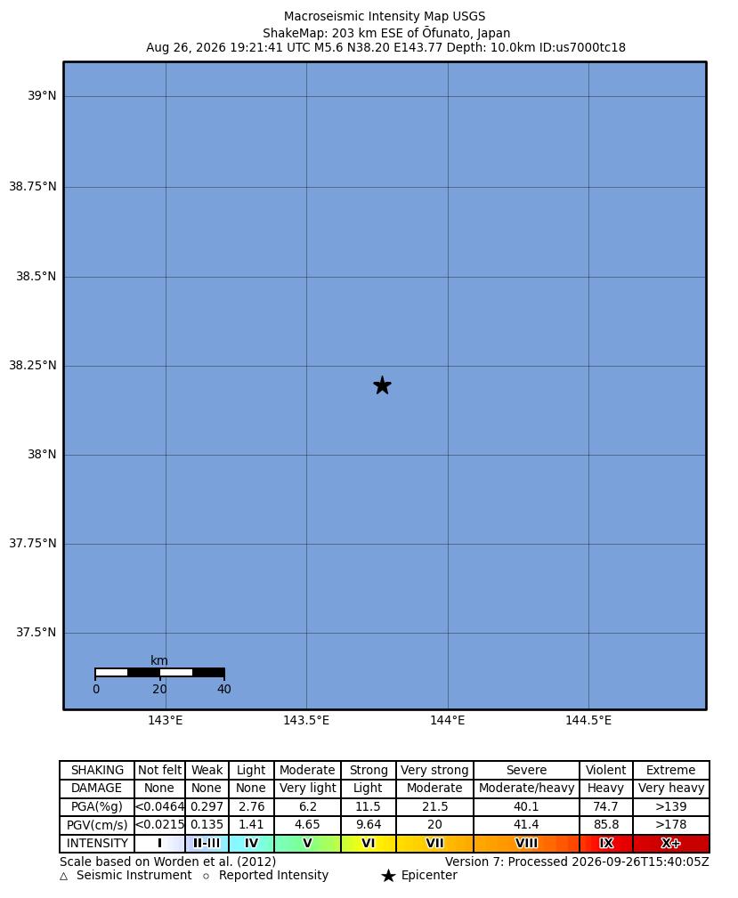 USGS ShakeMap intensity contours for the M5.6 earthquake near 203 km ESE of Ōfunato, Japan