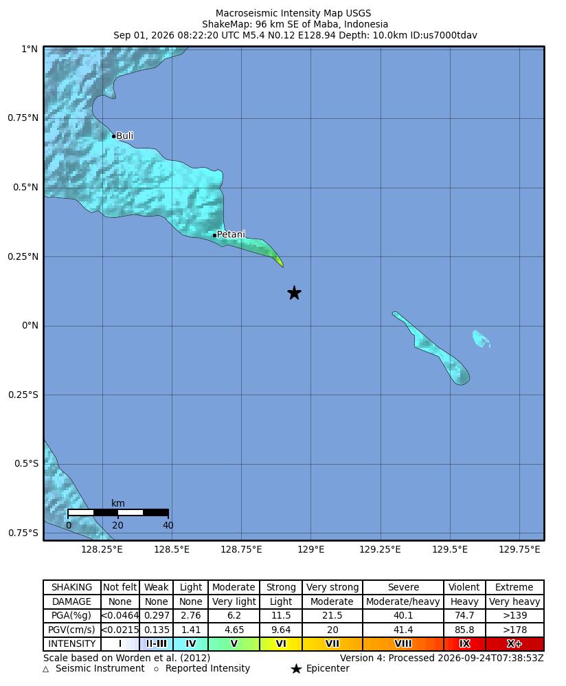 USGS ShakeMap: estimated shaking intensity around the epicenter