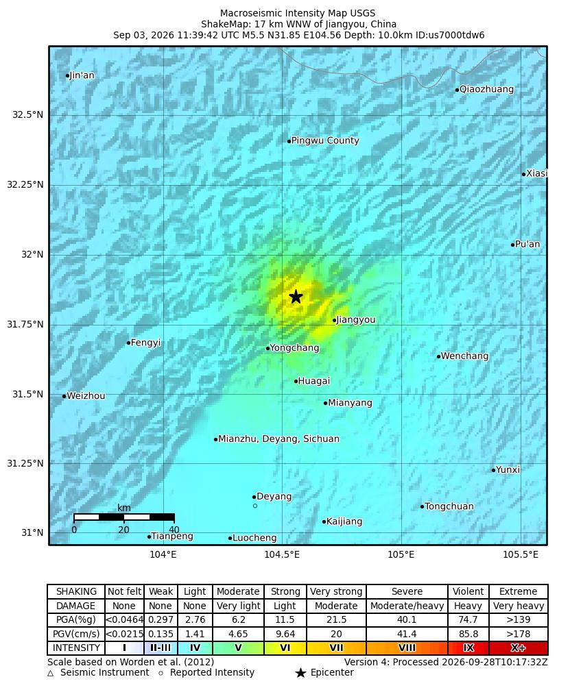 USGS ShakeMap intensity contours for the M5.5 earthquake near 17 km WNW of Jiangyou, China