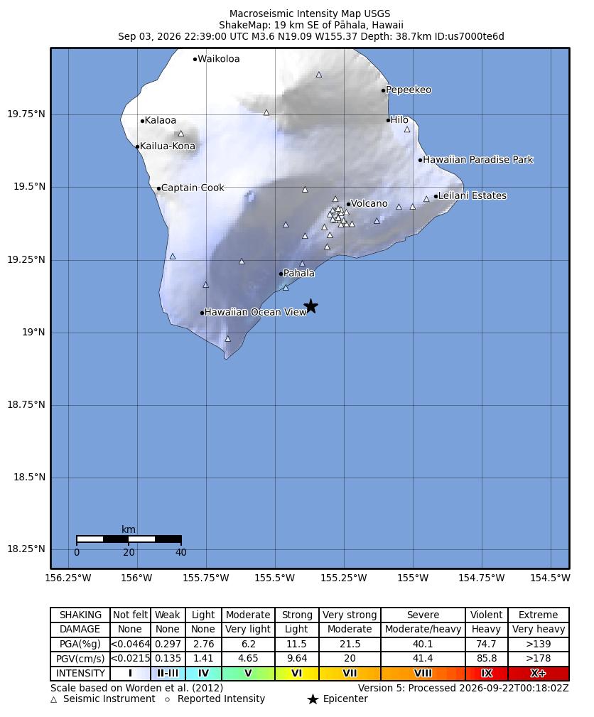 USGS ShakeMap intensity contours for the M3.4 earthquake near 19 km SE of Pāhala, Hawaii