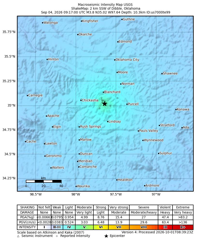 USGS ShakeMap intensity contours for the M3.3 earthquake near 2 km SSW of Dibble, Oklahoma