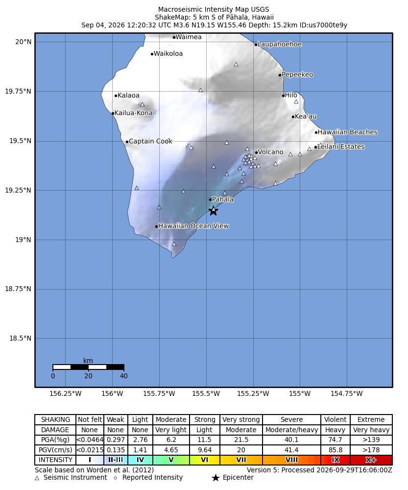 USGS ShakeMap intensity contours for the M3.5 earthquake near 5 km S of Pāhala, Hawaii