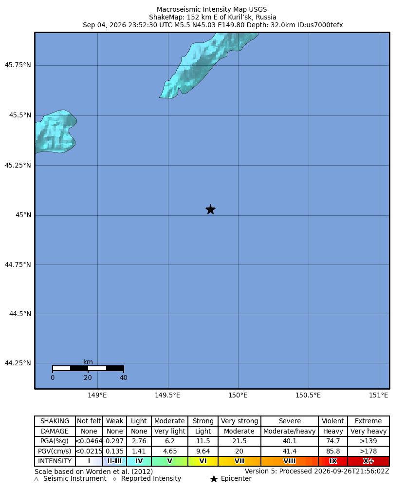 USGS ShakeMap intensity contours for the M5.5 earthquake near 152 km E of Kuril’sk, Russia