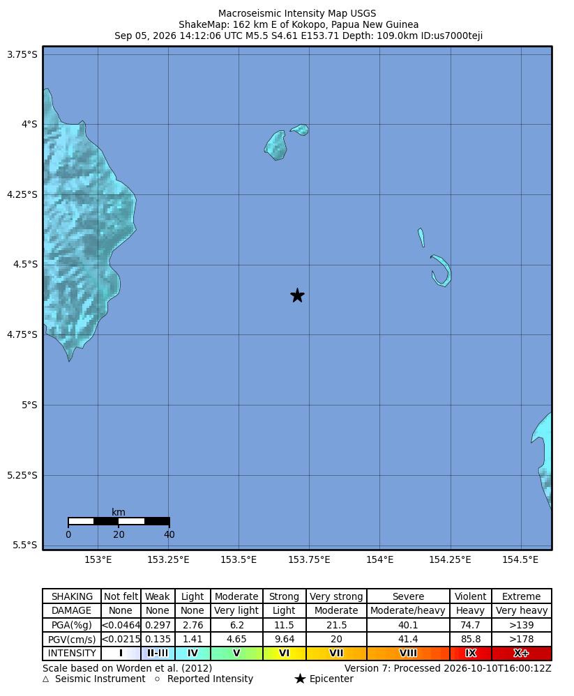 USGS ShakeMap intensity contours for the M5.5 earthquake near 162 km E of Kokopo, Papua New Guinea