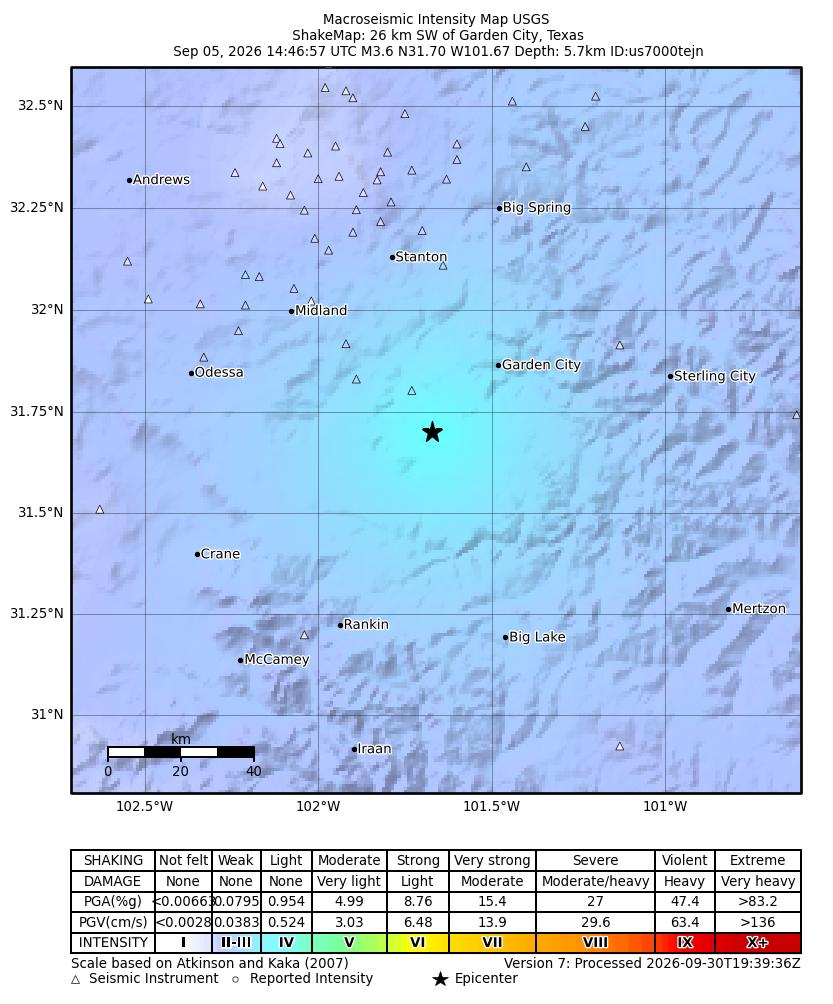 USGS ShakeMap intensity contours for the M3.6 earthquake near 26 km SW of Garden City, Texas