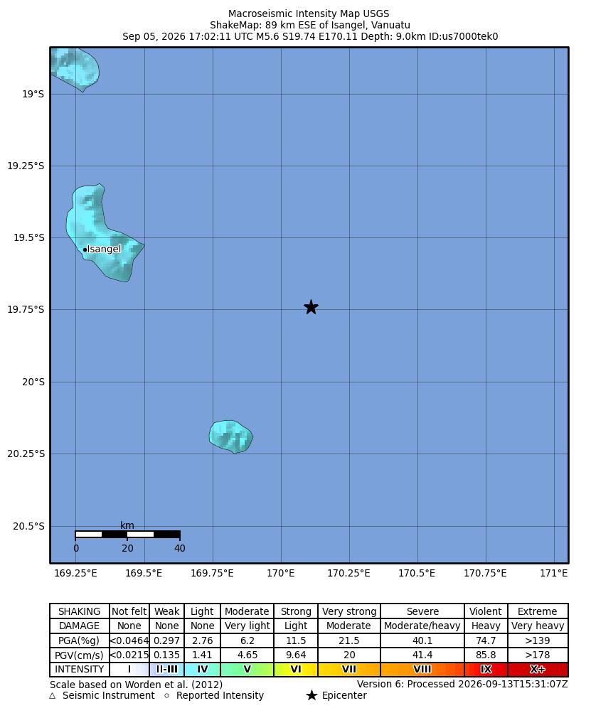 USGS ShakeMap: estimated shaking intensity around the epicenter