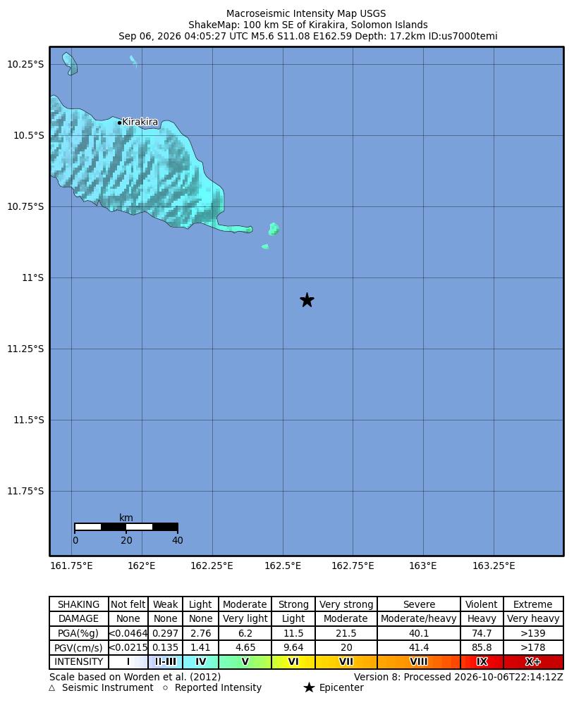 USGS ShakeMap intensity contours for the M5.6 earthquake near 100 km SE of Kirakira, Solomon Islands