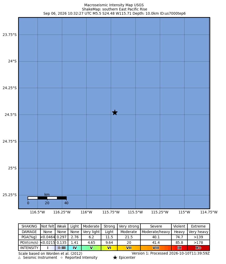 USGS ShakeMap intensity contours for the M5.5 earthquake near southern East Pacific Rise