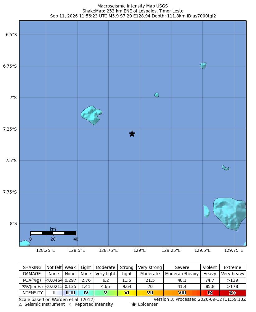 USGS ShakeMap: estimated shaking intensity around the epicenter