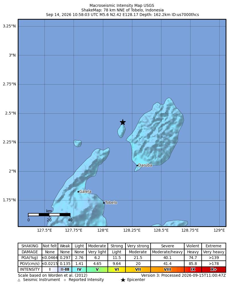 USGS ShakeMap: estimated shaking intensity around the epicenter