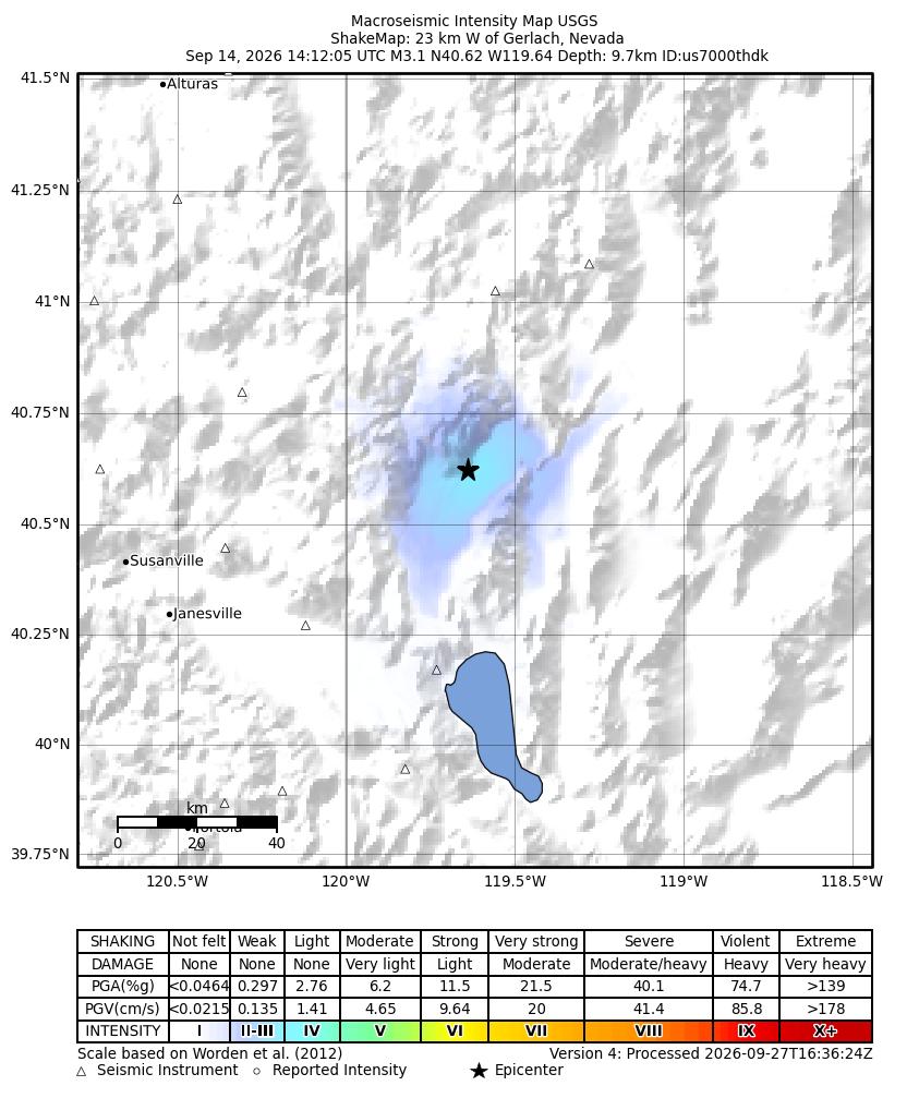 USGS ShakeMap: estimated shaking intensity around the epicenter