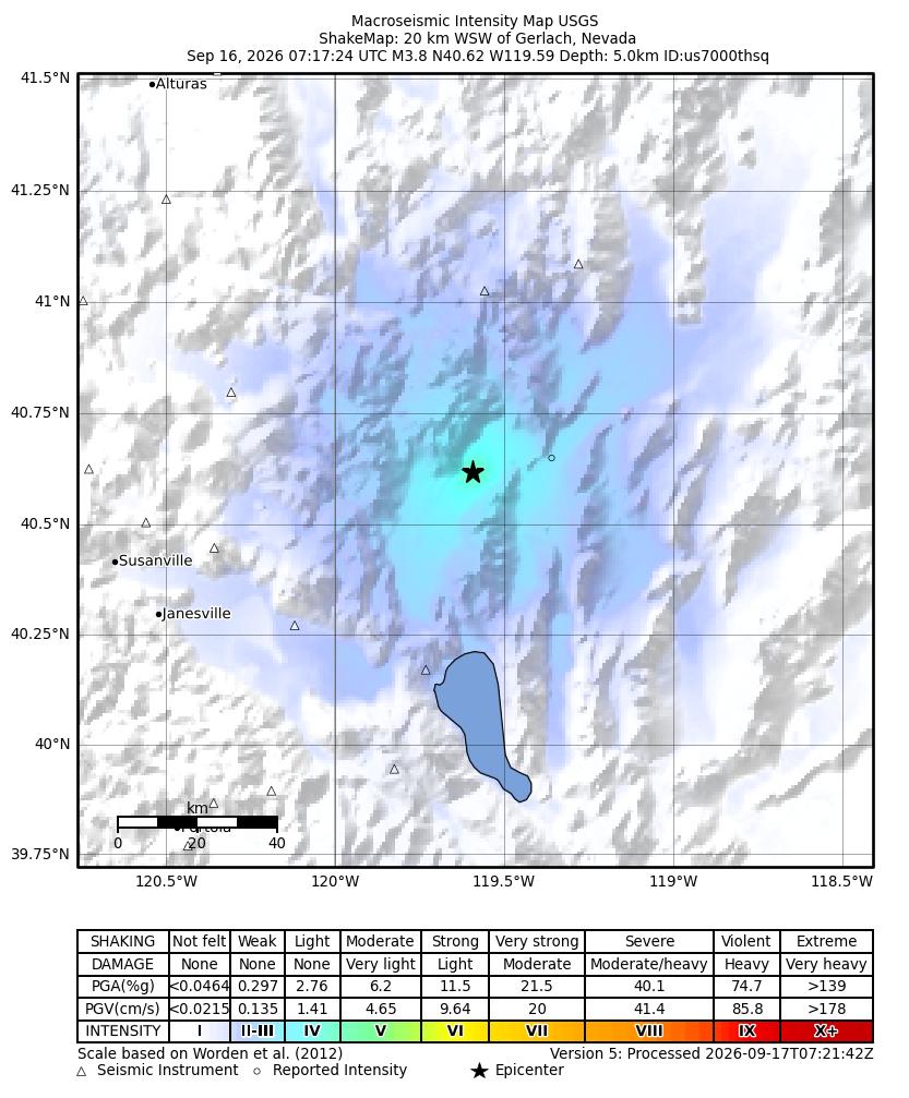USGS ShakeMap: estimated shaking intensity around the epicenter